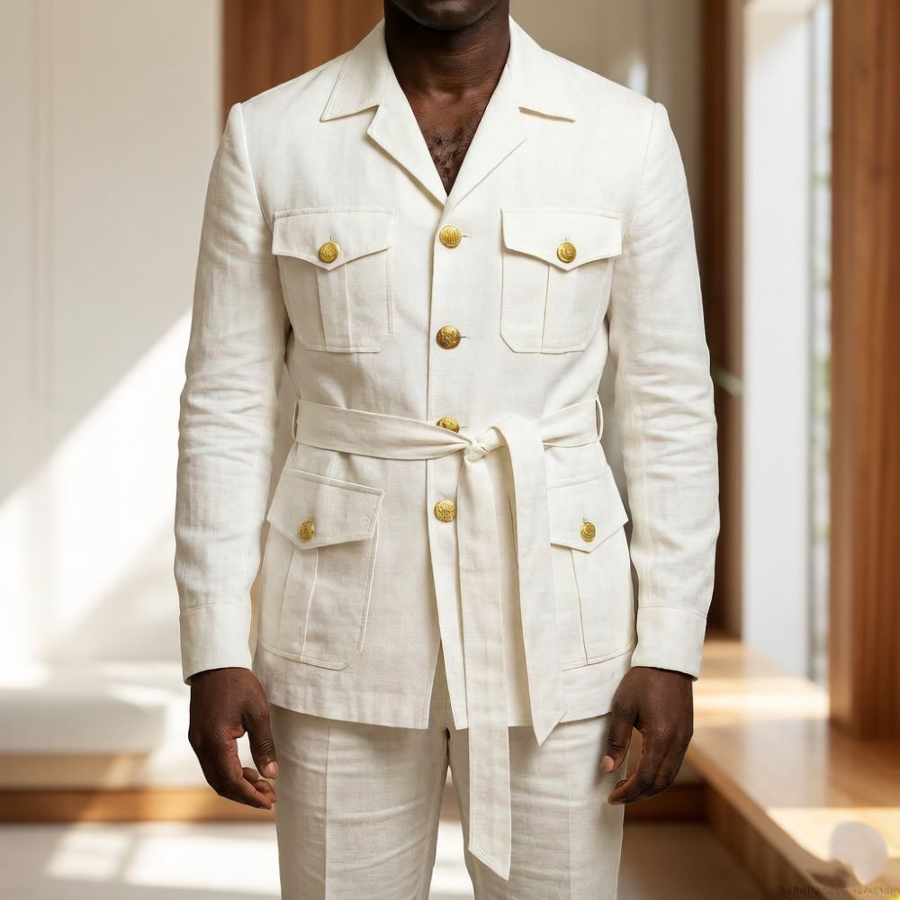 Men'S Formal Wear Belt - Mens Off White Linen Safari Suits