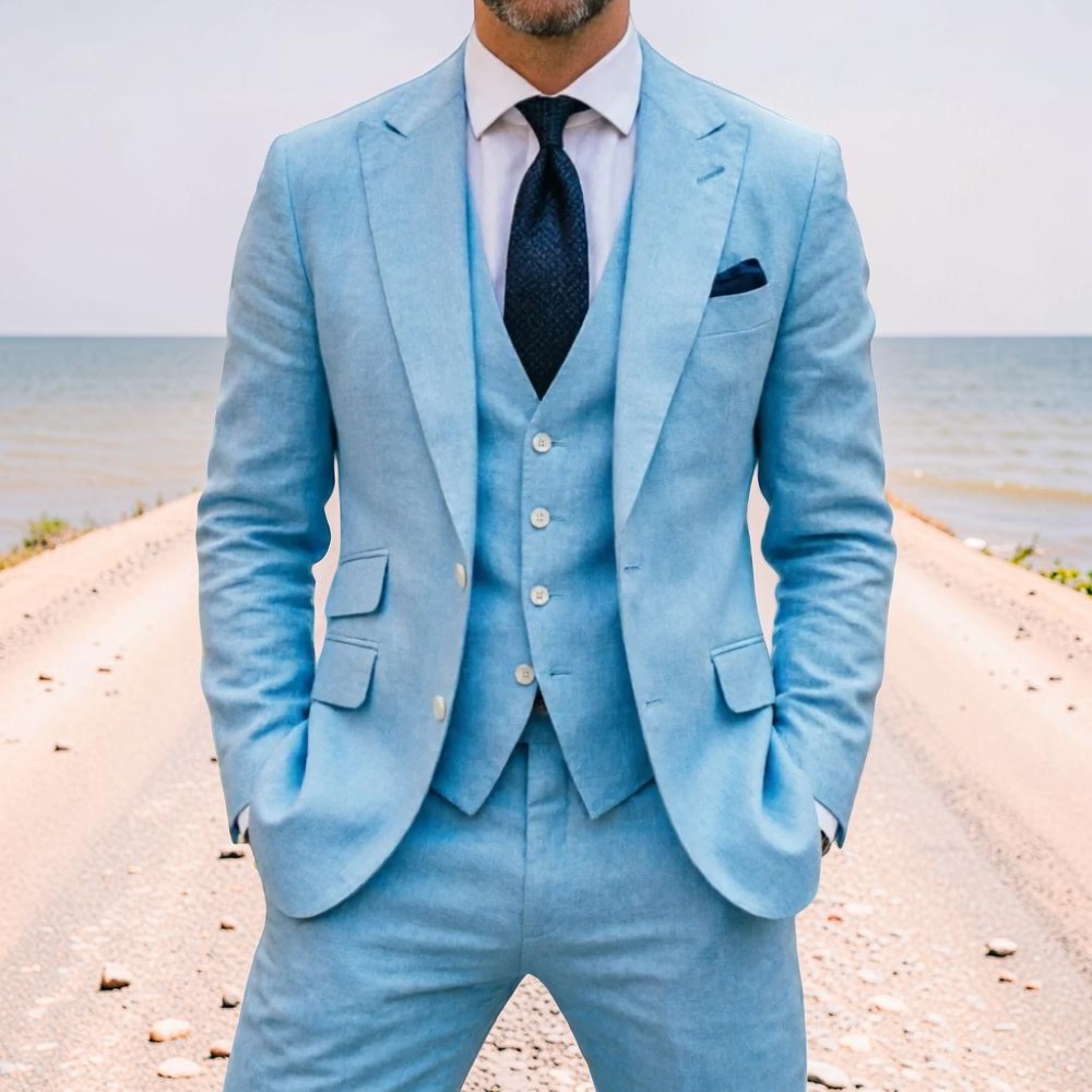 Men Formal Wear In Summer - Sky Blue Linen Men Wedding Tuxedo