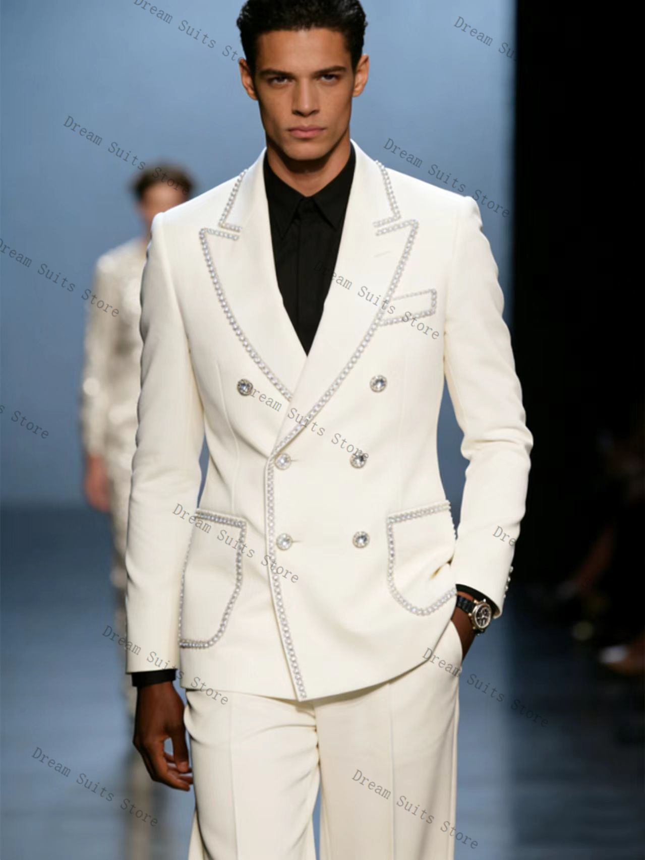 White Crystals Men Suit Set 2  - Men Formal Wear Office 评论和价格
