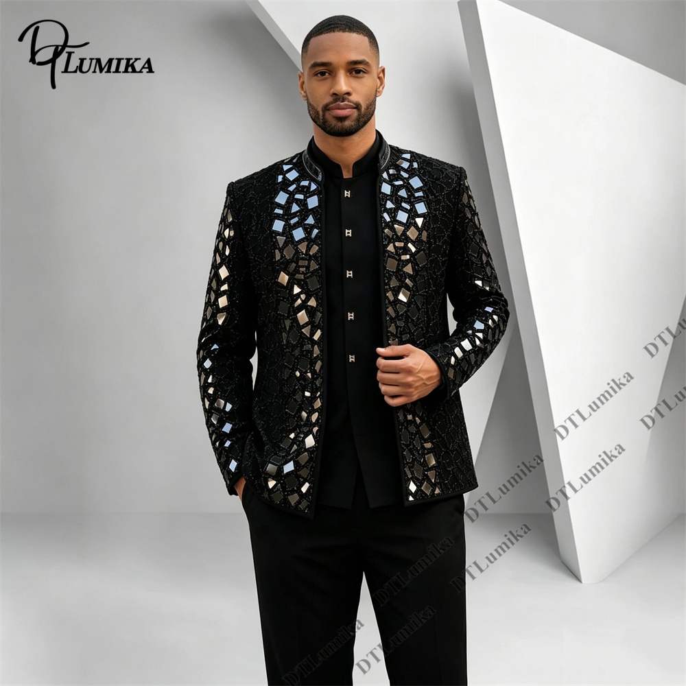 Men Black Mandarin Collar Suit - Men Formal Wear Office 评论和价格