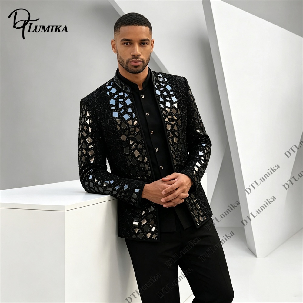 Men Black Mandarin Collar Suit - Men Formal Wear Office 评论和价格