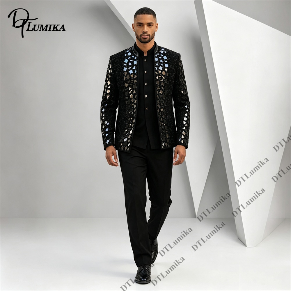 Men Black Mandarin Collar Suit - Men Formal Wear Office 评论和价格
