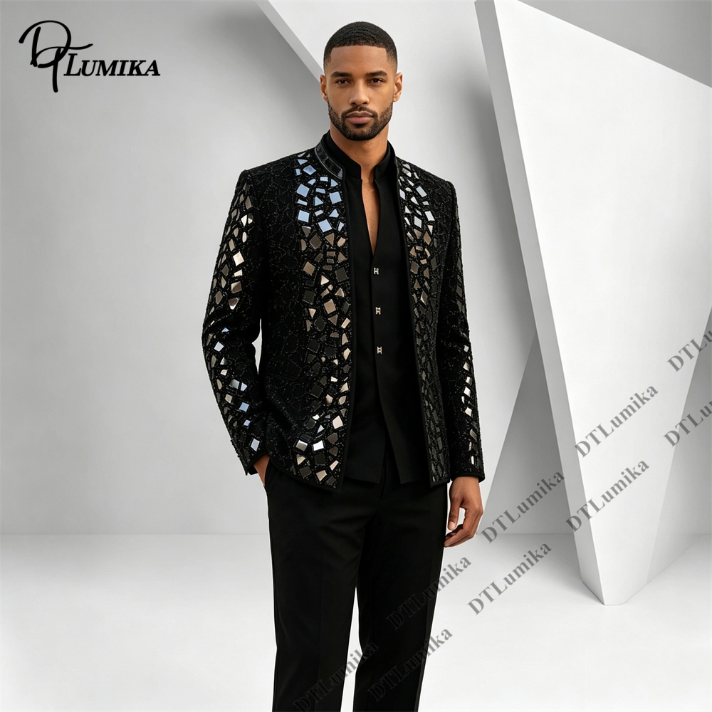 Men Black Mandarin Collar Suit - Men Formal Wear Office 评论和价格